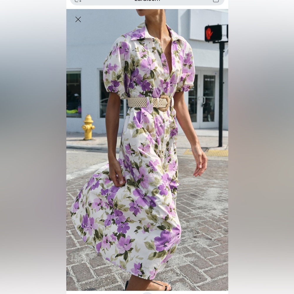 ZARA Ivory Floral Puff-Sleeve 100% cotton Dress with Woven Belt
